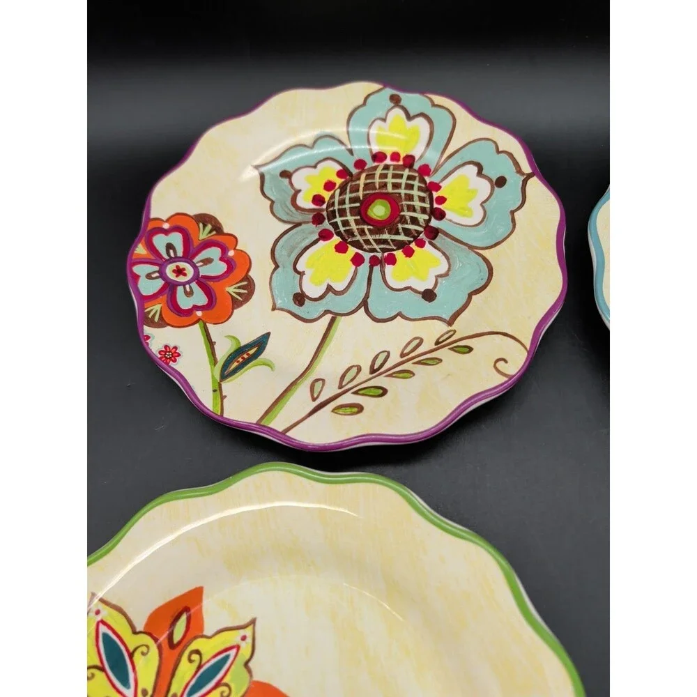 Cracker Barrel Floral Stitch Work Salad Plates Set Of 4 Scalloped Lori Siebert